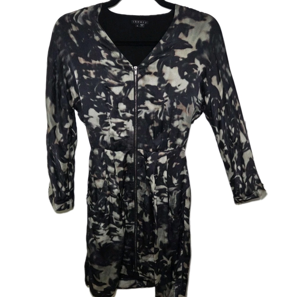 Theory Silk Zip Front Dress Abstract Floral Print Long Sleeve Size 0